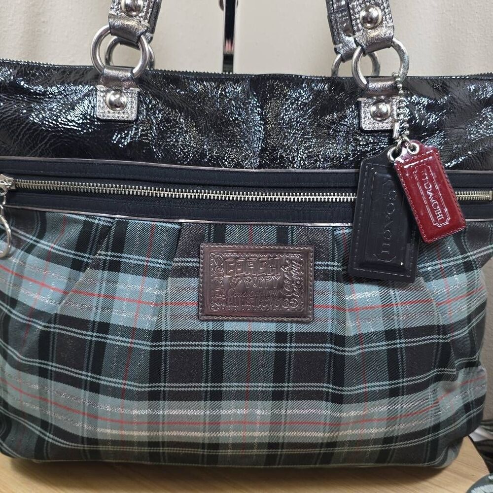 Coach Poppy Tartan Glamour Tote & Matching Wallet | Plaid Sparkle Shoulder Bag | - Picture 3 of 16
